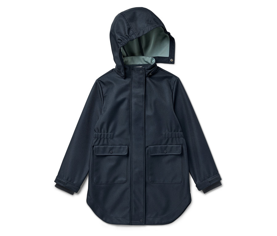 Veste softshell bleu marine pour enfants avec capuche et poches.