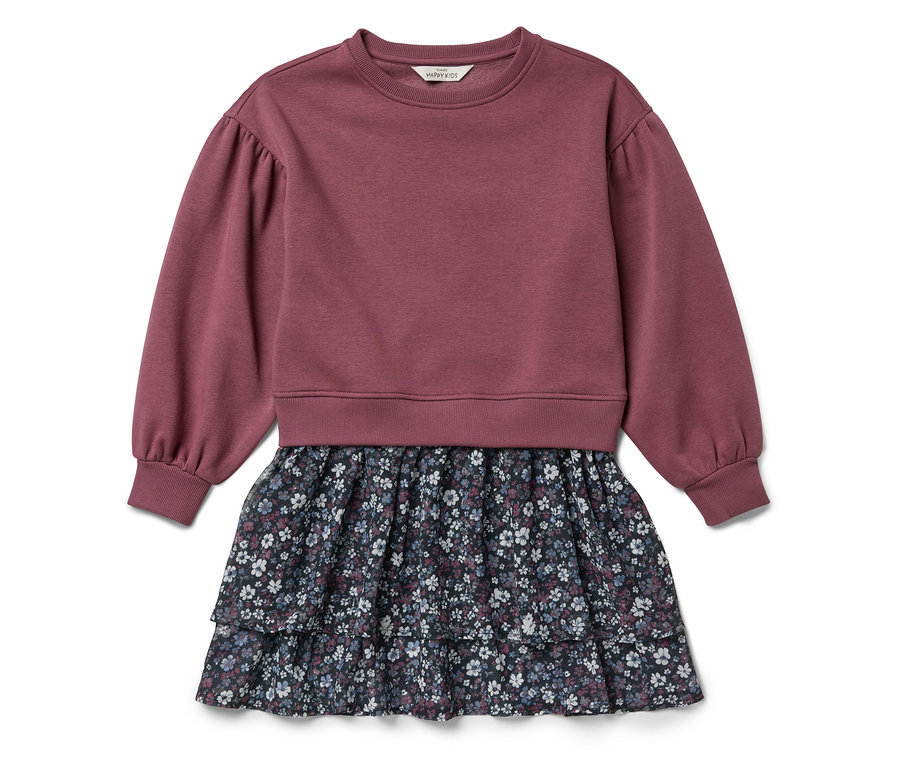 Robe violette à manches longues et jupe à fleurs.