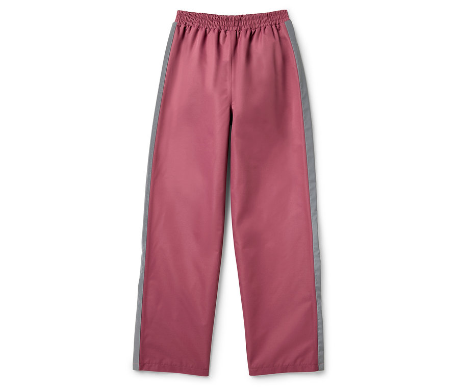 Pantalon de pluie rose pour enfants avec des rayures grises sur le côté.