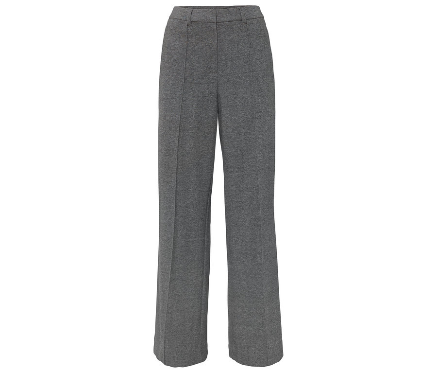 Pantalon gris à jambes larges, vue de face.