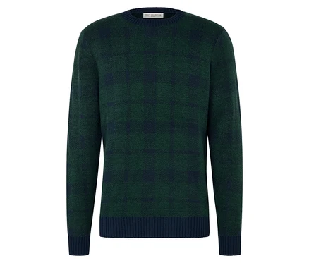 Pull en maille vert avec des détails bleu foncé sur l'ourlet et les poignets.