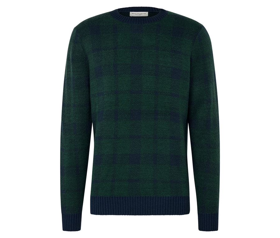 Pull en maille vert avec des détails bleu foncé sur l'ourlet et les poignets.