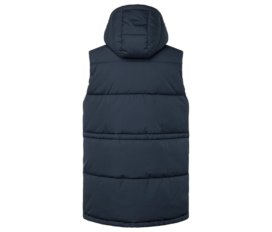 Veste matelassée bleu foncé avec capuche, vue arrière.