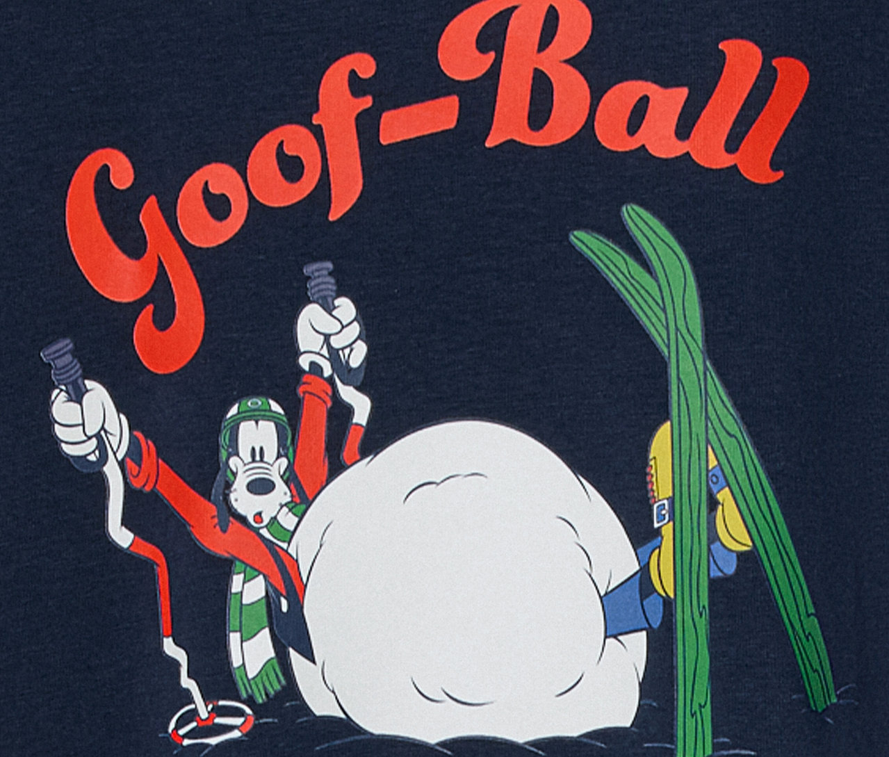 Personnage de dessin animé, Goofy, avec équipement de ski dans une scène enneigée avec l'inscription "Goof-Ball".