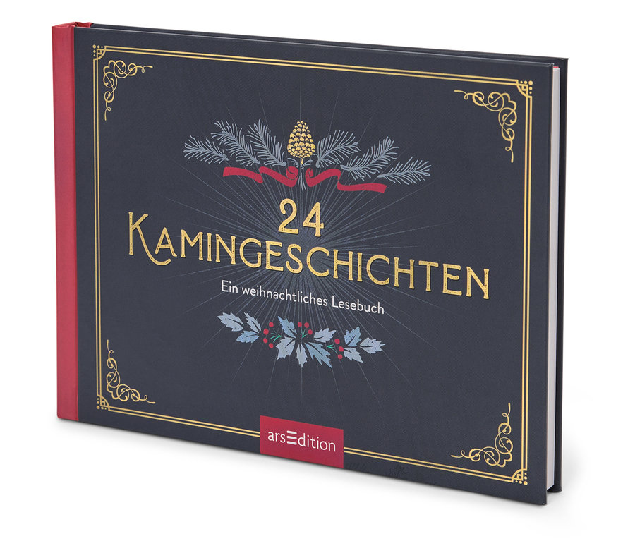 Livre "24 Kamingeschichten: Ein weihnachtliches Lesebuch" sur fond bleu foncé avec écriture dorée et motifs de Noël.