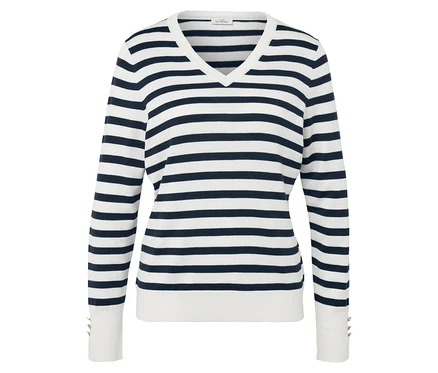 Pull rayé à manches longues bleu et blanc avec col en V.