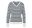 Pull rayé à manches longues bleu et blanc avec col en V.