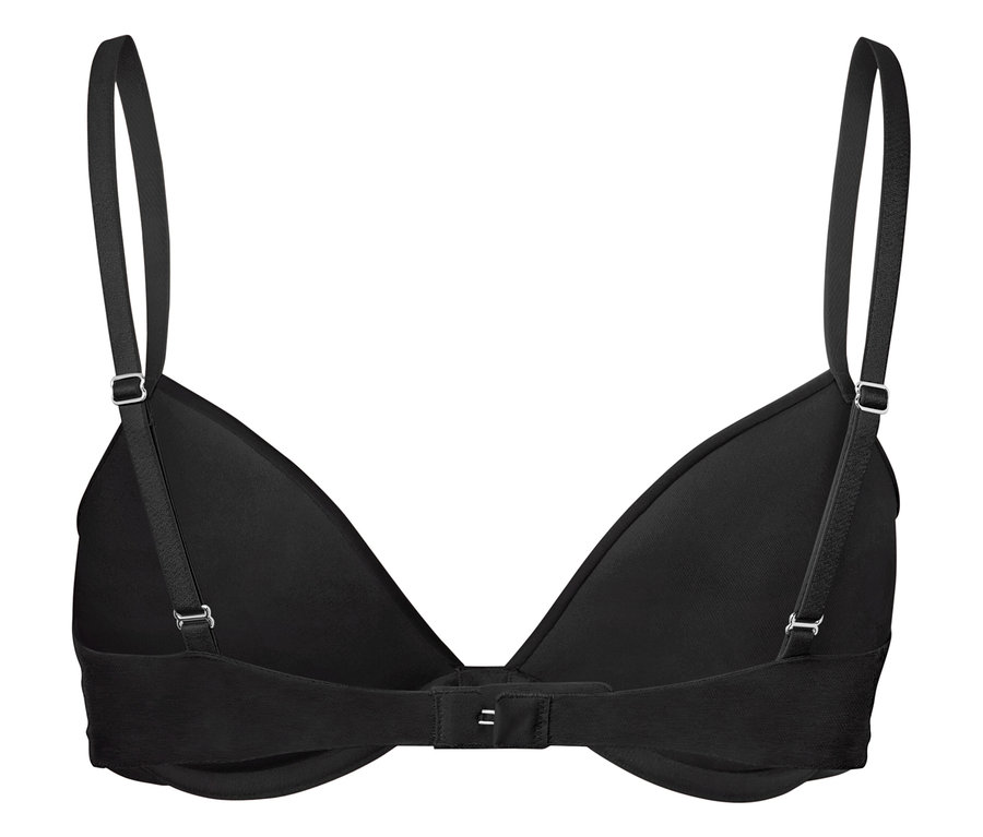 Vue détaillée de l'arrière d'un soutien-gorge noir à fines bretelles.