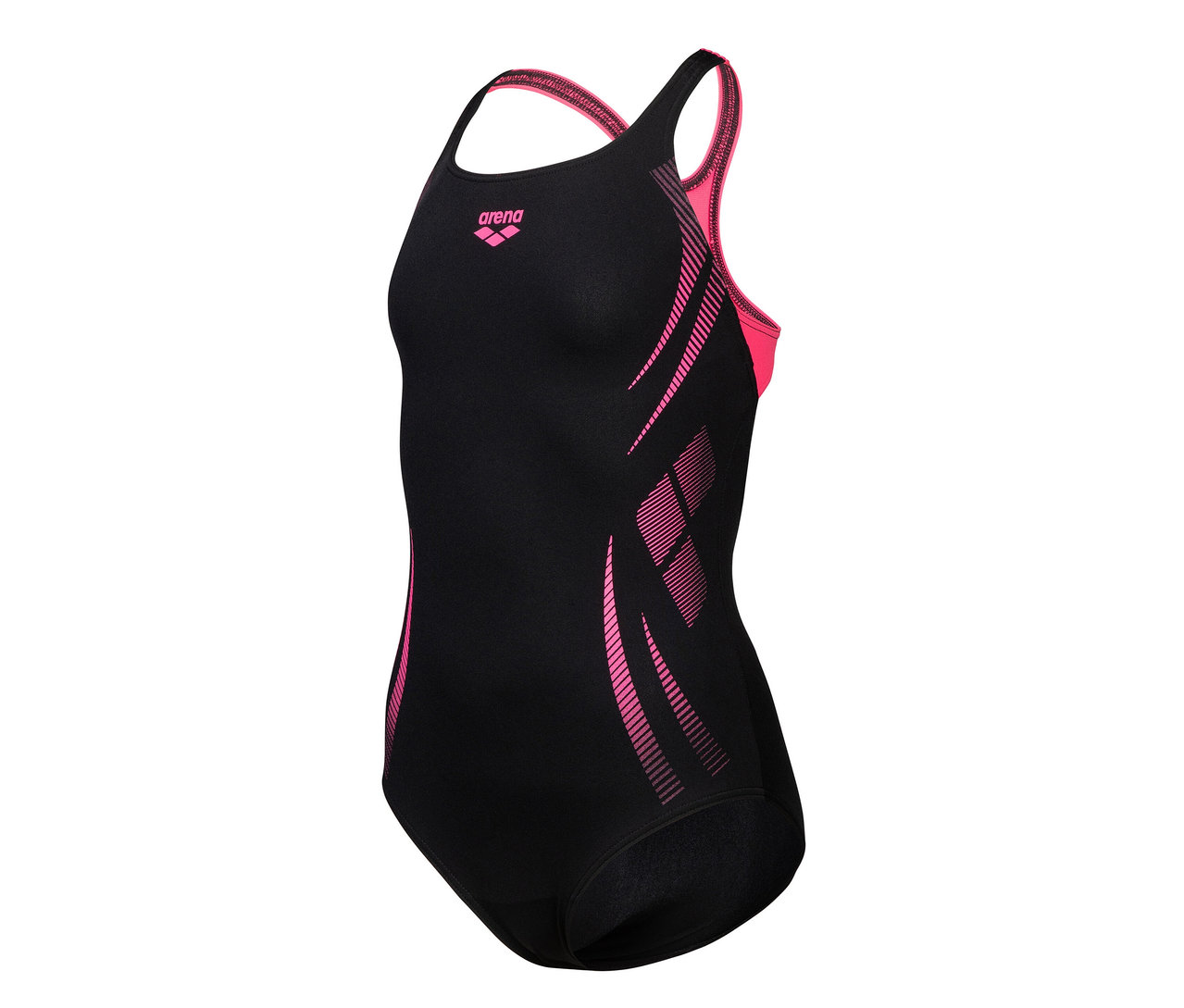 Maillot de bain noir arena Performance Poseidonia Swim Pro Back pour enfant avec des détails roses.