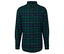 Chemise en flanelle à carreaux vert et bleu marine, boutonnée.