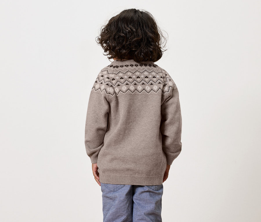 Un garçon aux cheveux bouclés noirs, vu de dos, porte un pull marron à motifs et un pantalon bleu.