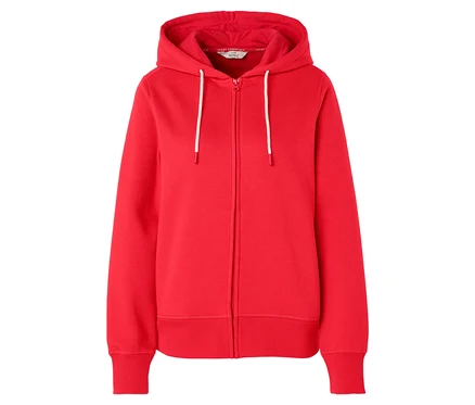 Sweat à capuche rouge avec cordons blancs.