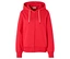 Sweat à capuche rouge avec cordons blancs.