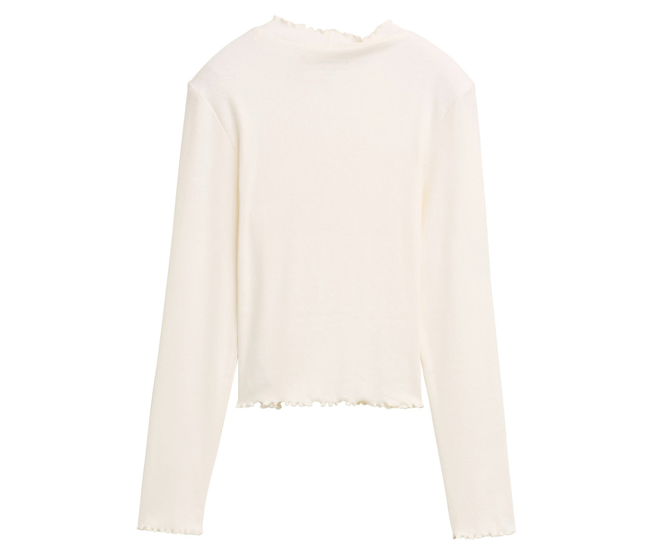 T-shirt beige à manches longues avec des volants à l'ourlet et à l'encolure.