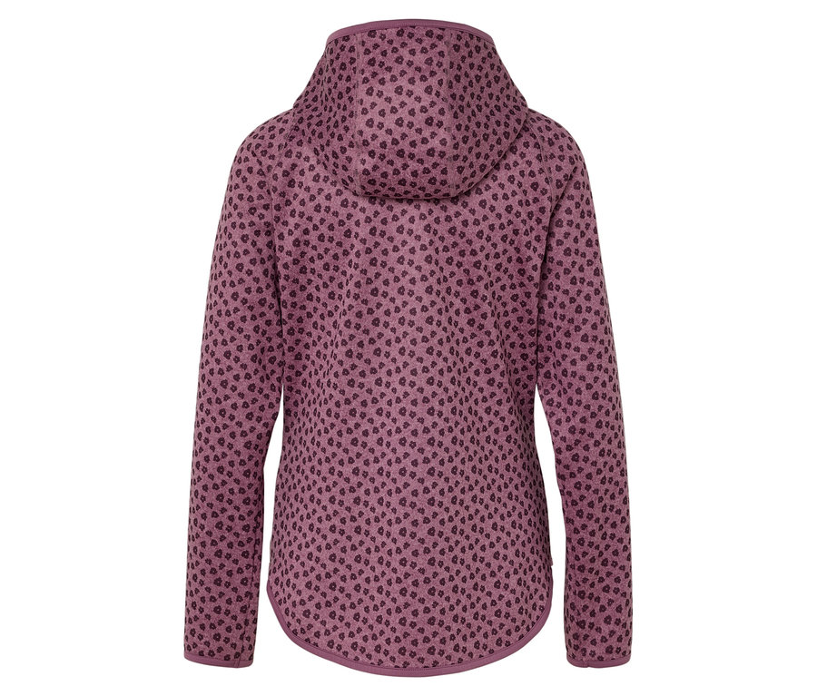 Vue détaillée de l'arrière d'un sweat à capuche violet avec un motif à pois violet foncé.
