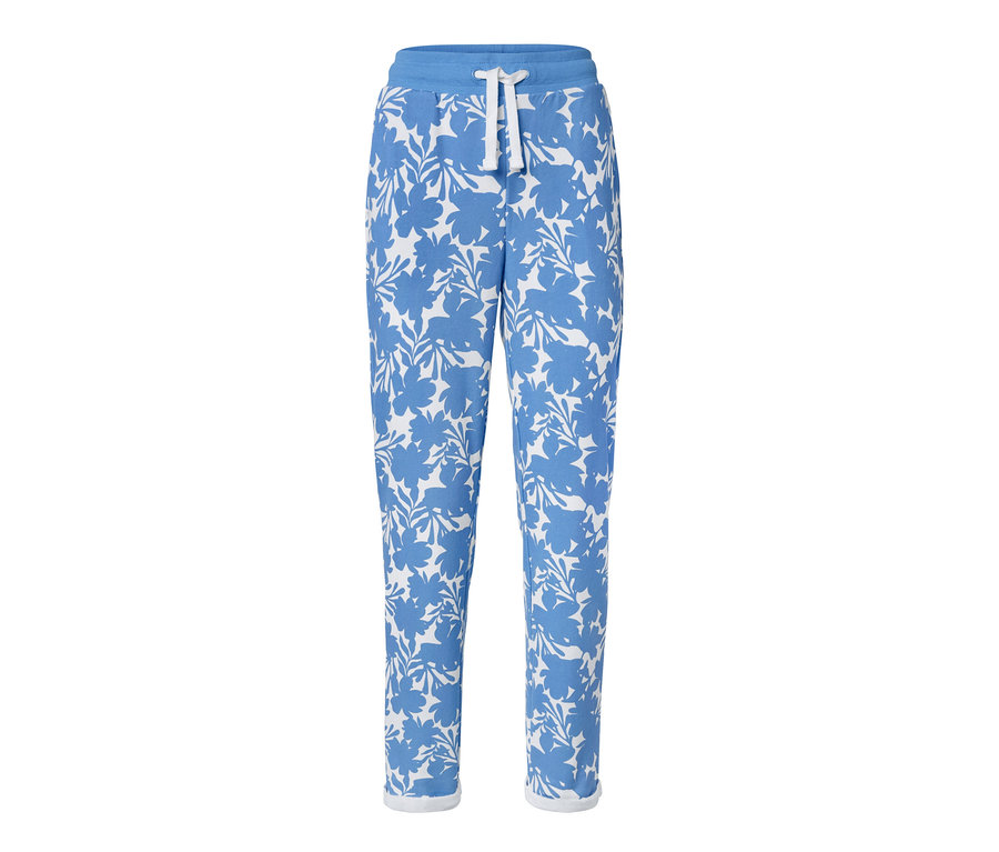 Pantalon molletonné imprimé bleu avec motif floral.