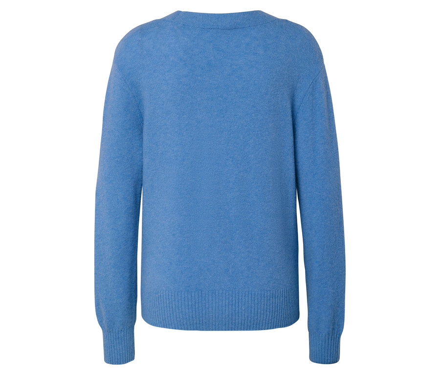 Vue arrière d'un pull bleu à manches longues.