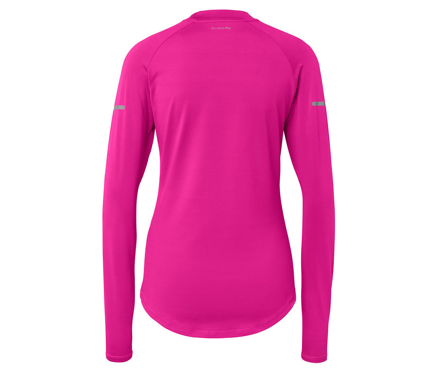 Détail du dos d'un t-shirt de sport rose à manches longues.