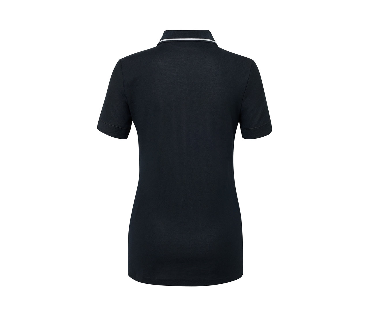 Polo technique bleu foncé avec bordure blanche au col, vue de dos.