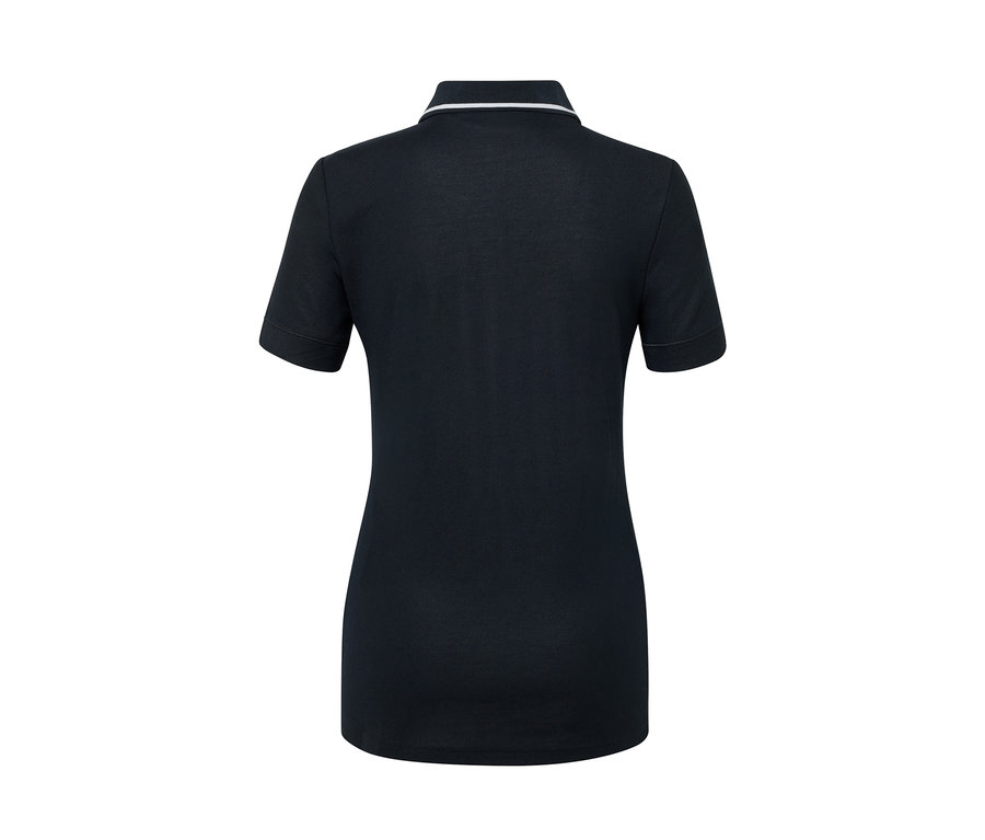 Polo technique bleu foncé avec bordure blanche au col, vue de dos.