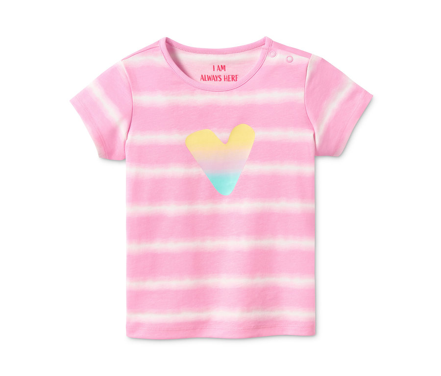 T-shirt rose en coton bio avec rayures horizontales et cœur arc-en-ciel.