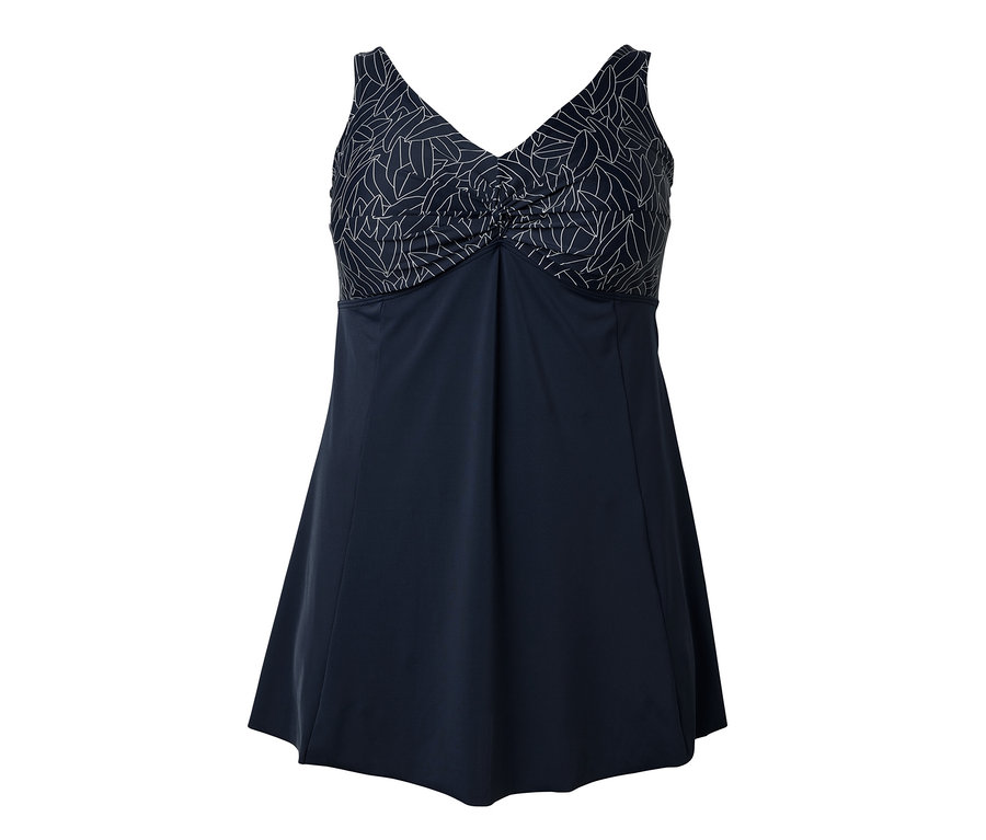 Maillot de bain bleu marine avec motif de feuilles blanches.