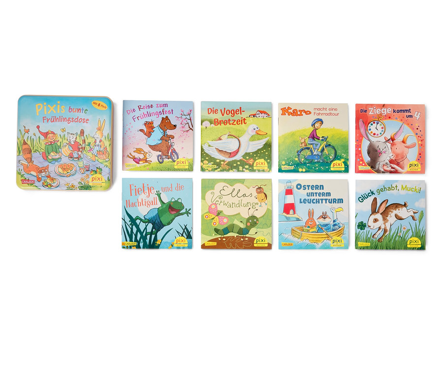 Illustration de la couverture et de plusieurs livres du coffret de livres « Pixis bunte Frühlingsdose » (en allemand).