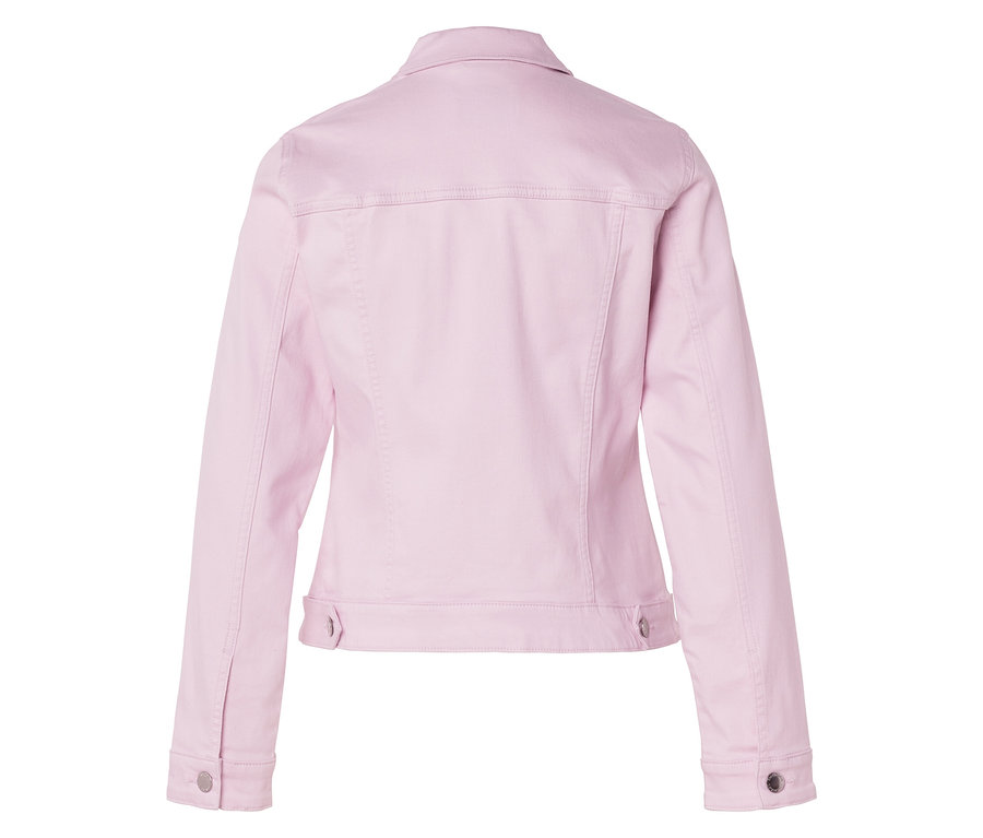 Vue arrière d'une veste en jean rose clair à manches longues.