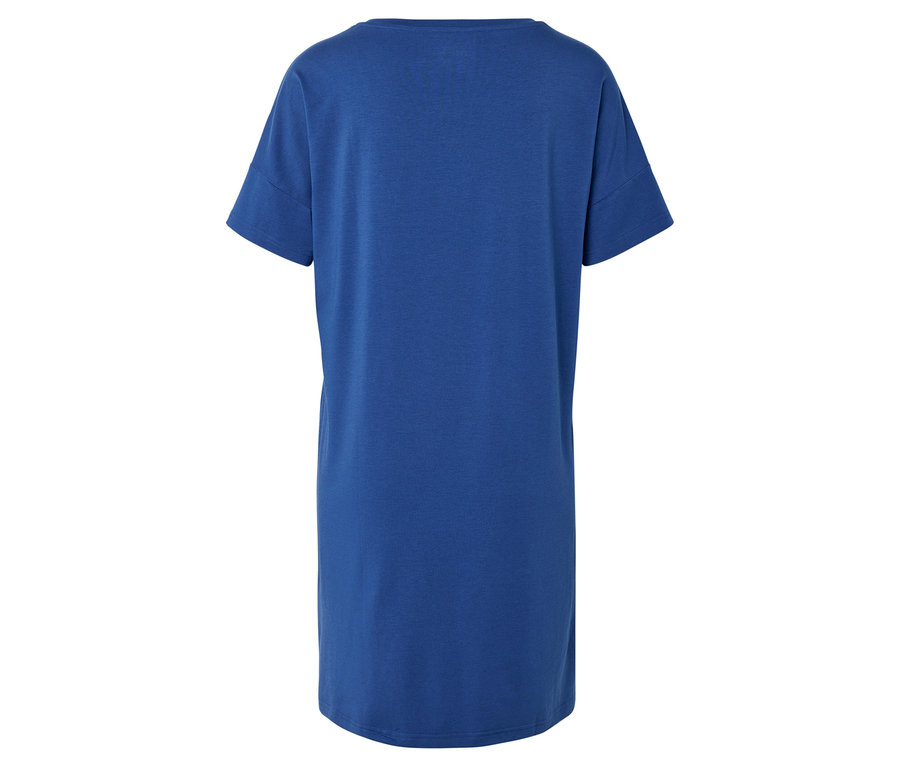Vue arrière d'une robe t-shirt bleue à manches courtes.