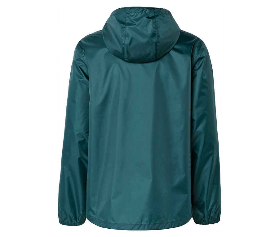 Vue arrière d'un imperméable vert foncé avec capuche.