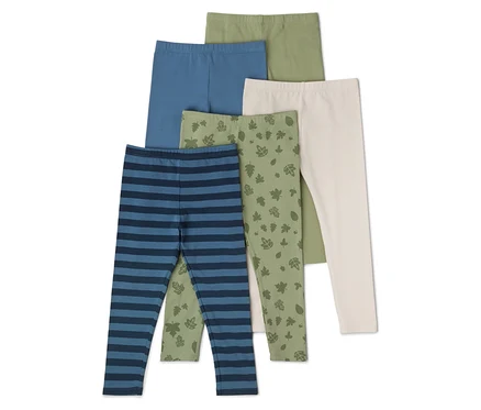 Cinq leggings rayés bleus, bleus, olive, beiges et olive avec motif de feuilles sont superposés.