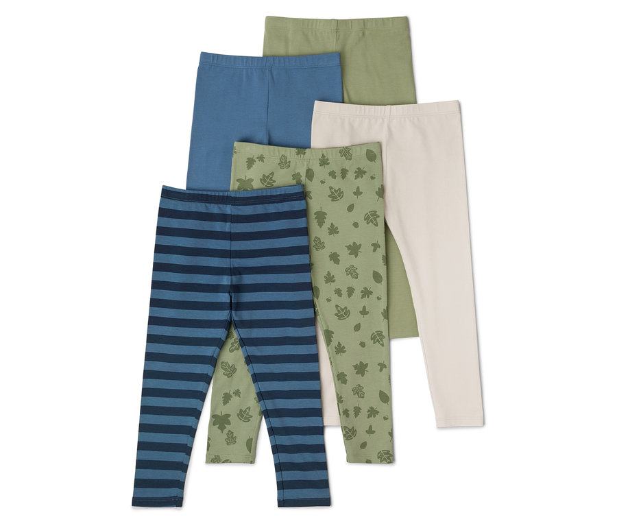 Cinq leggings rayés bleus, bleus, olive, beiges et olive avec motif de feuilles sont superposés.