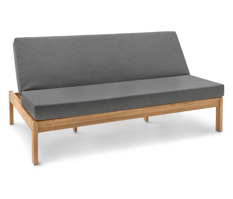 Canapé gris avec cadre en bois.