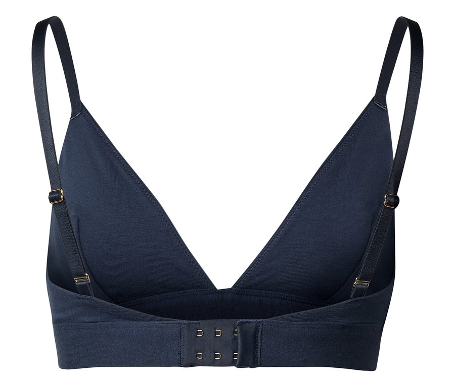 Vue arrière d'un soutien-gorge triangle bleu marine avec bretelles réglables et fermeture à agrafes.