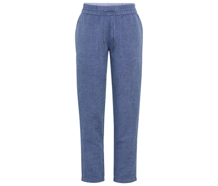 Un pantalon bleu sur un fond blanc.