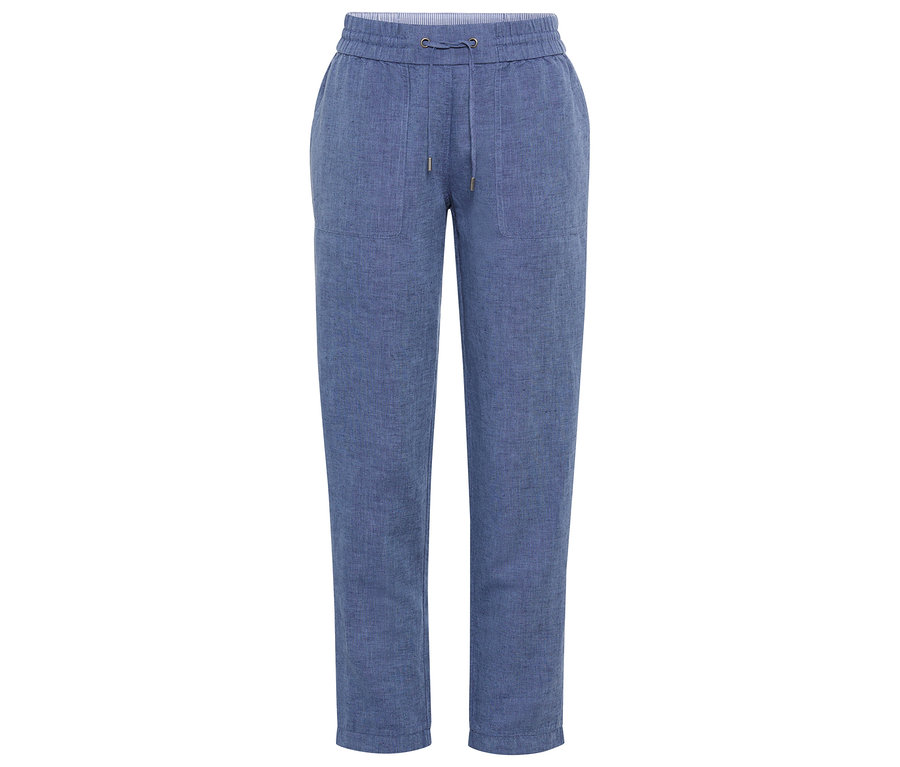 Un pantalon bleu sur un fond blanc.