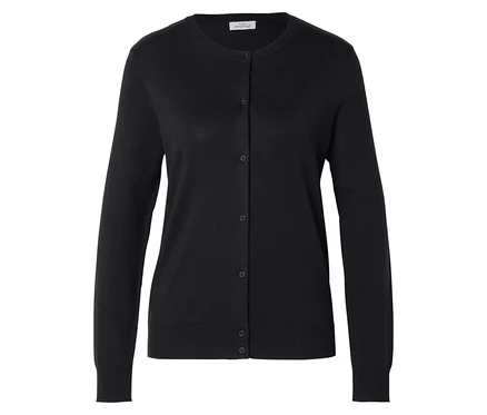 Cardigan noir à manches longues avec encolure arrondie et fermeture boutonnée.