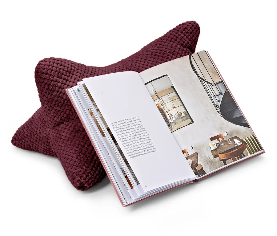 Un livre ouvert est appuyé contre un coussin en forme d'étoile couleur vin. Les pages montrent des photos d'intérieurs.