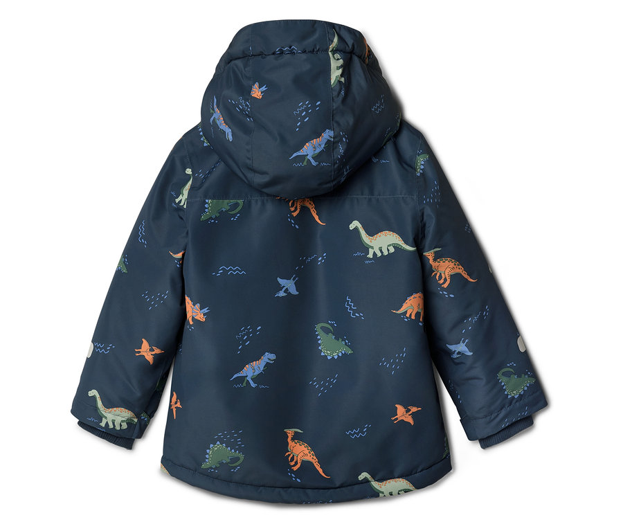 Veste bleu marine à capuche, recouverte de motifs de dinosaures verts, orange et bleus.