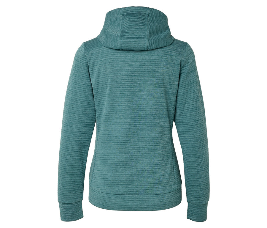 Vue arrière d'un sweat à capuche turquoise avec une texture horizontale.