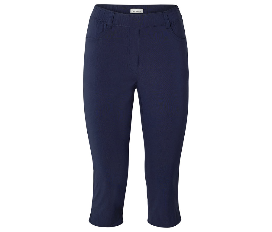 Pantalon Capri bleu marine sur fond blanc.