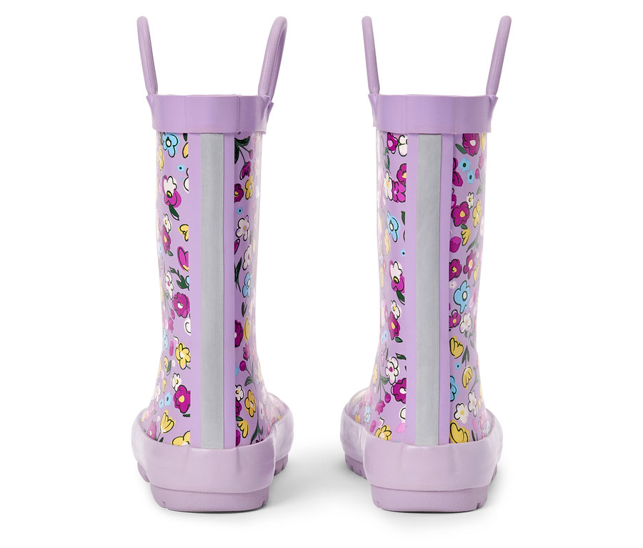Paire de bottes de pluie violettes pour enfants avec motif floral, vue de dos.