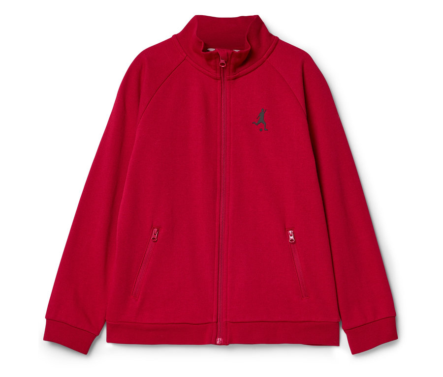 Veste de survêtement rouge zippée avec un petit logo sur la poitrine.