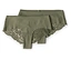 Deux culottes hipster vert olive avec garniture en dentelle posées sur un fond blanc.