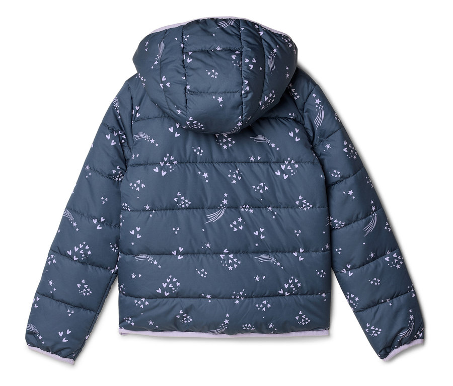 Vue arrière d'une veste matelassée gris foncé à capuche avec un motif clair.