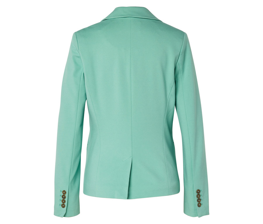 Vue arrière d'un blazer vert clair avec des boutons sur les manches.