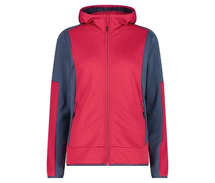 On voit une veste polaire rouge et bleue avec capuche et fermeture éclair.
