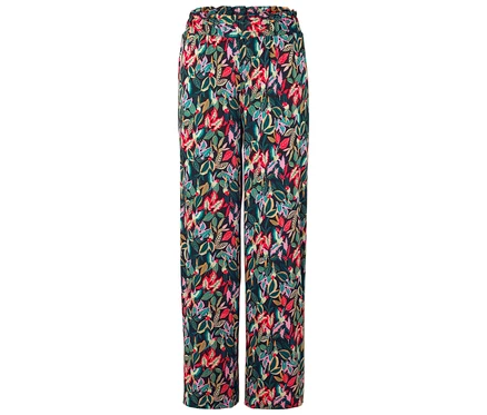 Un pantalon long avec un motif de feuilles colorées sur un fond sombre.