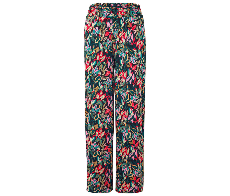 Un pantalon long avec un motif de feuilles colorées sur un fond sombre.