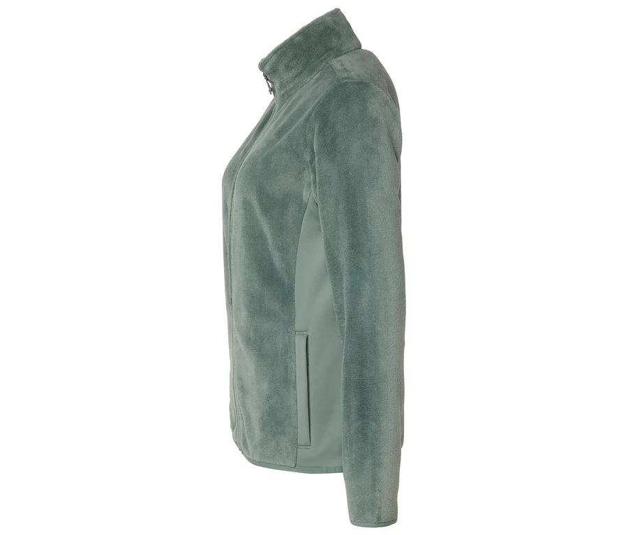 Vue latérale d'une veste polaire vert clair avec fermeture éclair et col montant.